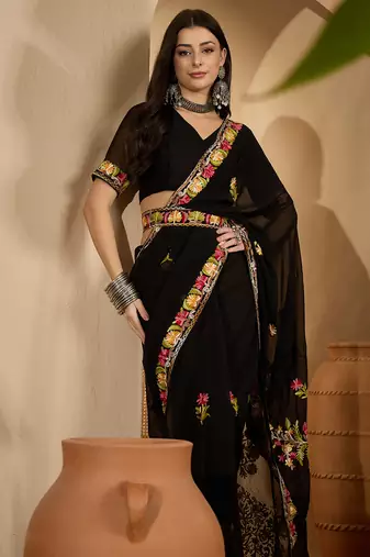 Black georgette embroidered saree with belt kashmiri thread work festive wear designer saree