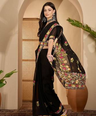 Black georgette embroidered saree with belt kashmiri thread work festive wear designer saree 4