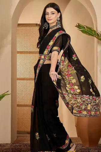 Black georgette embroidered saree with belt kashmiri thread work festive wear designer saree