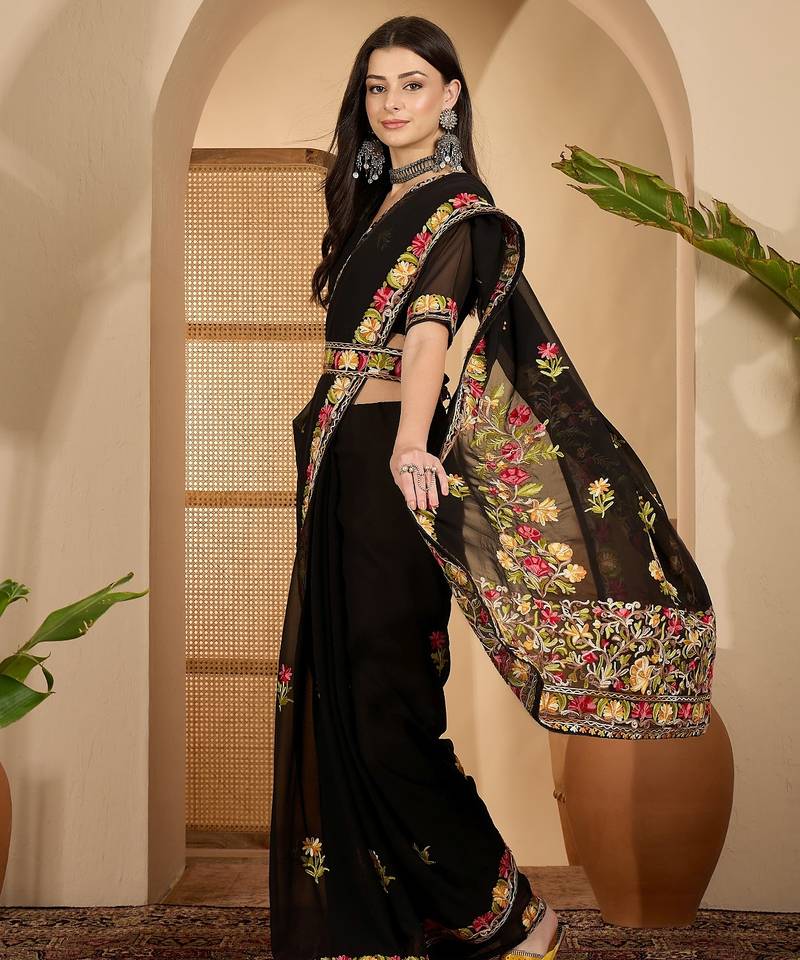 Black georgette embroidered saree with belt kashmiri thread work festive wear designer saree