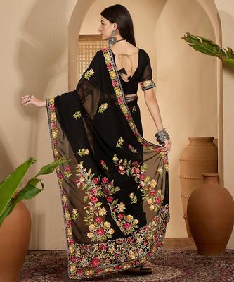 Black georgette embroidered saree with belt kashmiri thread work festive wear designer saree 5