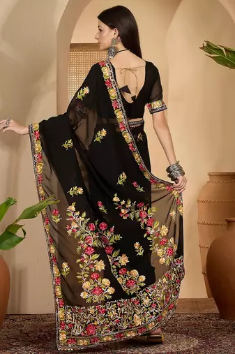 Black georgette embroidered saree with belt kashmiri thread work festive wear designer saree