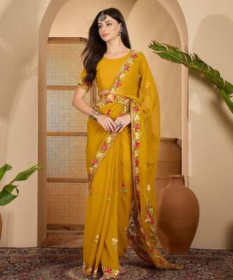 Mustard yellow georgette embroidered saree with belt kashmiri thread work festive wear saree 1