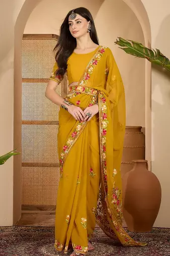 Mustard yellow georgette embroidered saree with belt kashmiri thread work festive wear saree