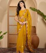 Mustard yellow georgette embroidered saree with belt kashmiri thread work festive wear saree