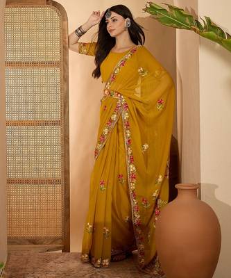 Mustard yellow georgette embroidered saree with belt kashmiri thread work festive wear saree 2