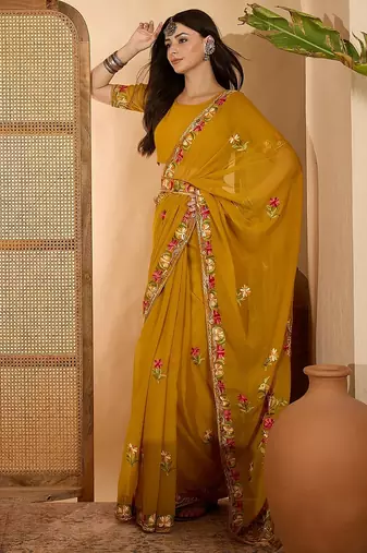 Mustard yellow georgette embroidered saree with belt kashmiri thread work festive wear saree