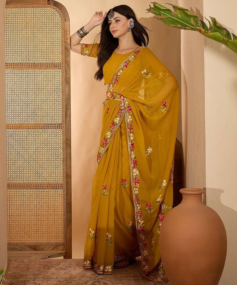 Mustard yellow georgette embroidered saree with belt kashmiri thread work festive wear saree