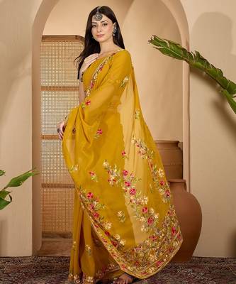 Mustard yellow georgette embroidered saree with belt kashmiri thread work festive wear saree 3
