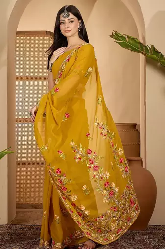 Mustard yellow georgette embroidered saree with belt kashmiri thread work festive wear saree