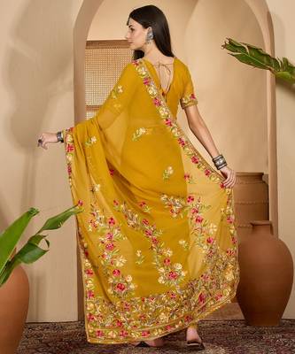 Mustard yellow georgette embroidered saree with belt kashmiri thread work festive wear saree 4