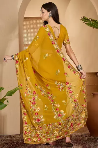 Mustard yellow georgette embroidered saree with belt kashmiri thread work festive wear saree