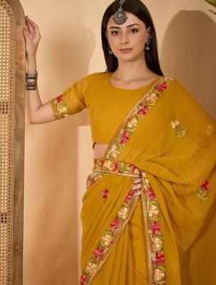 Mustard yellow georgette embroidered saree with belt kashmiri thread work festive wear saree 5