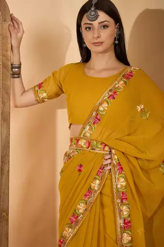 Mustard yellow georgette embroidered saree with belt kashmiri thread work festive wear saree