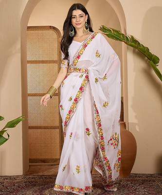 White georgette embroidered saree with belt kashmiri thread work designer festive wear saree 1