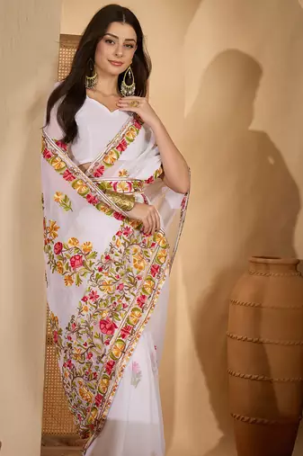 White georgette embroidered saree with belt kashmiri thread work designer festive wear saree