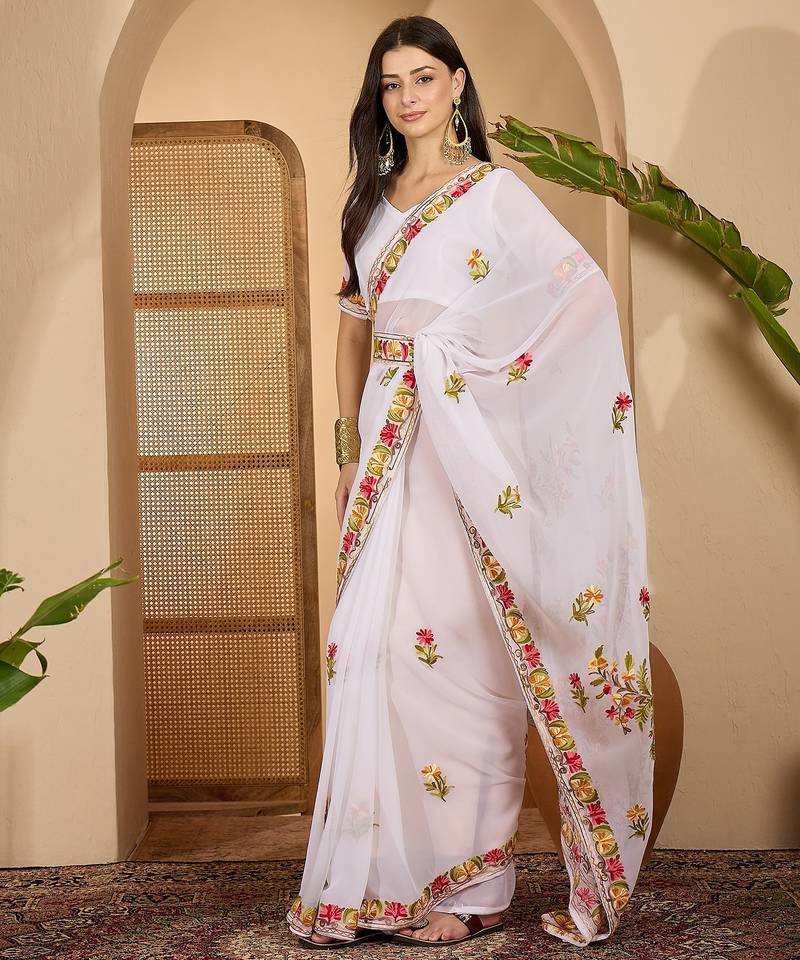 White georgette embroidered saree with belt kashmiri thread work designer festive wear saree