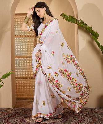 White georgette embroidered saree with belt kashmiri thread work designer festive wear saree 4