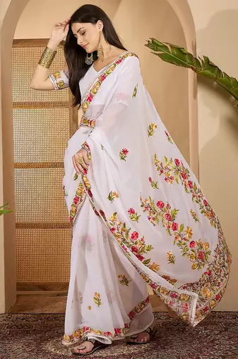 White georgette embroidered saree with belt kashmiri thread work designer festive wear saree