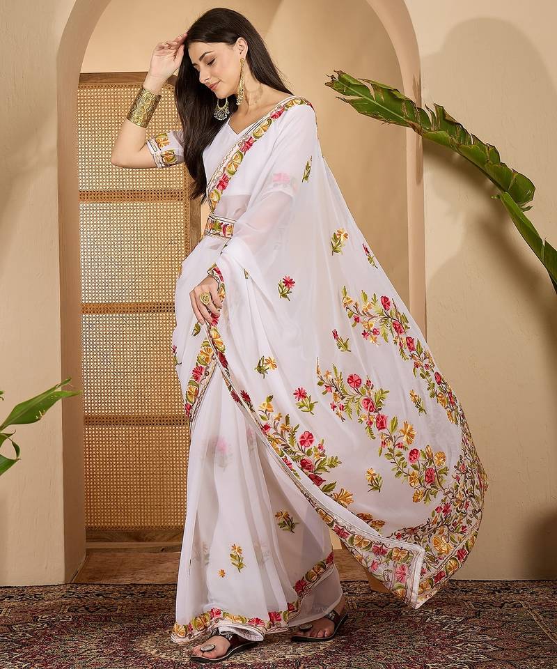 White georgette embroidered saree with belt kashmiri thread work designer festive wear saree