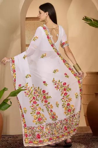 White georgette embroidered saree with belt kashmiri thread work designer festive wear saree