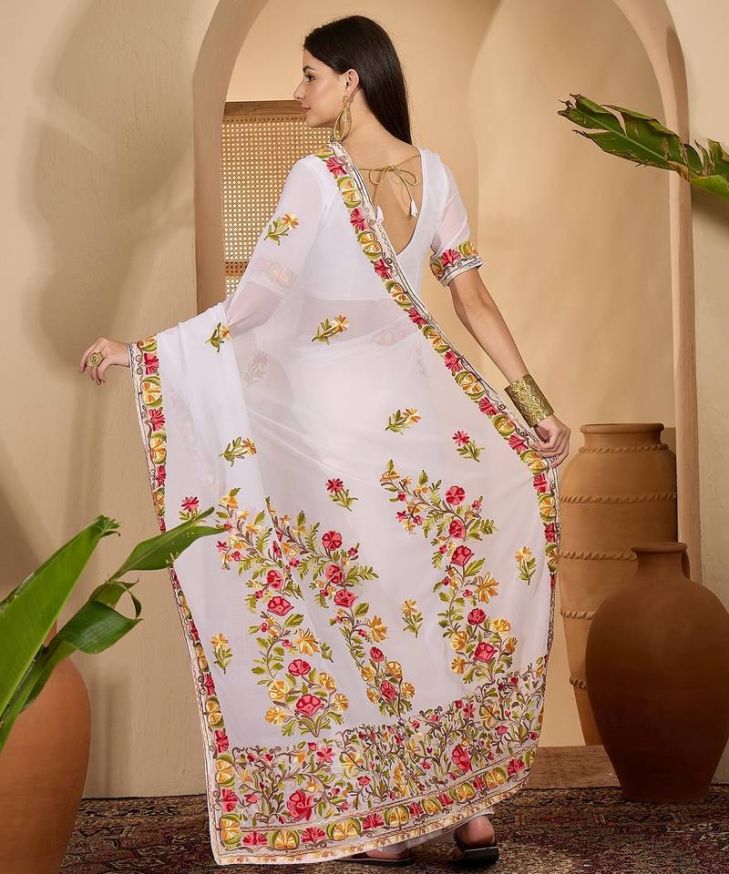 White georgette embroidered saree with belt kashmiri thread work designer festive wear saree