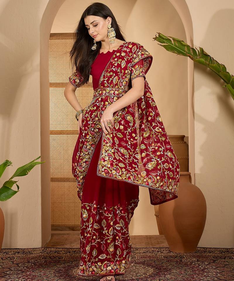 Maroon georgette embroidered saree with belt heavy kashmiri thread work festive wear saree