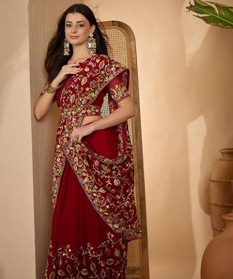 Maroon georgette embroidered saree with belt heavy kashmiri thread work festive wear saree 2