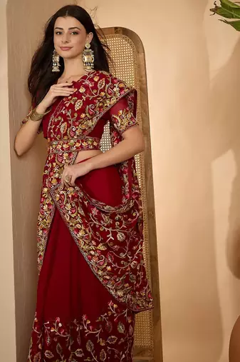 Maroon georgette embroidered saree with belt heavy kashmiri thread work festive wear saree