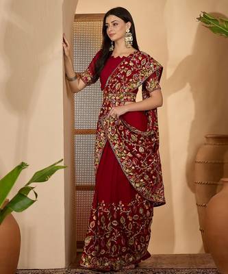 Maroon georgette embroidered saree with belt heavy kashmiri thread work festive wear saree 3
