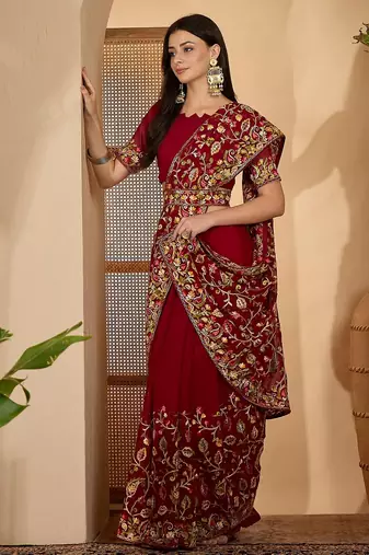 Maroon georgette embroidered saree with belt heavy kashmiri thread work festive wear saree