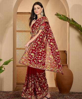 Maroon georgette embroidered saree with belt heavy kashmiri thread work festive wear saree 4