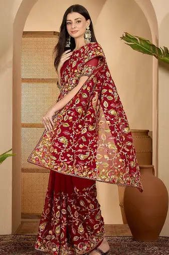 Maroon georgette embroidered saree with belt heavy kashmiri thread work festive wear saree