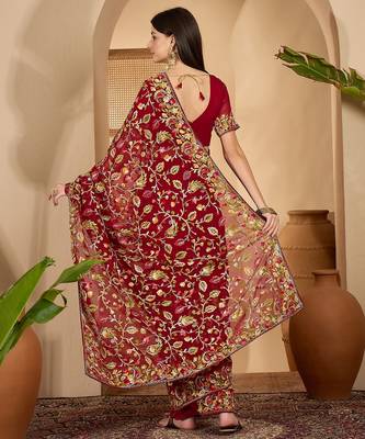Maroon georgette embroidered saree with belt heavy kashmiri thread work festive wear saree 5