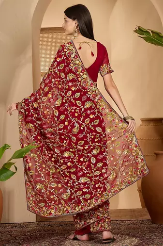 Maroon georgette embroidered saree with belt heavy kashmiri thread work festive wear saree