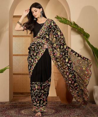 Black georgette heavy embroidered saree with belt kashmiri thread work festive designer saree 1