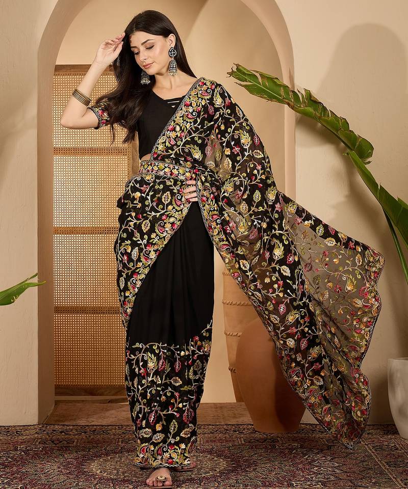 Black georgette heavy embroidered saree with belt kashmiri thread work festive designer saree