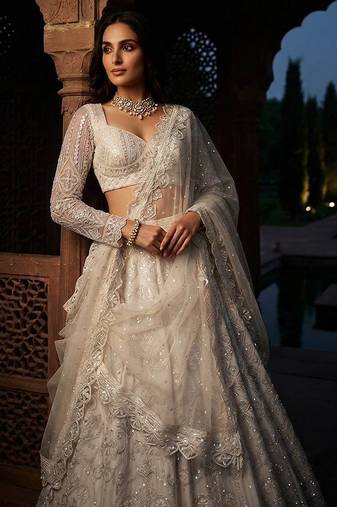 white Embroidery Sequins net Lehenga Choli set