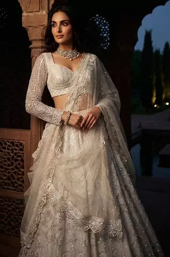 white color Embroidery Sequins Work net Lehenga Choli set