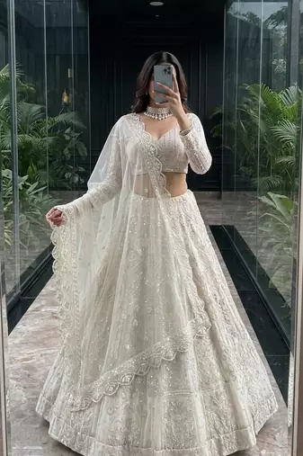 white color Embroidery Sequins Work net Lehenga Choli set