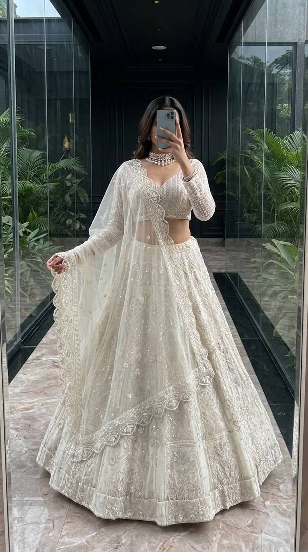 white color Embroidery Sequins Work net Lehenga Choli set
