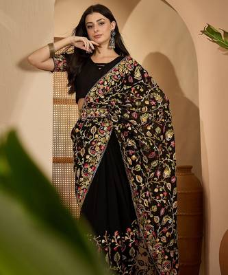 Black georgette heavy embroidered saree with belt kashmiri thread work festive designer saree 2