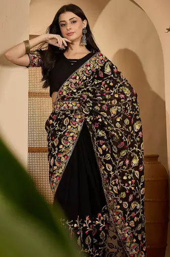 Black georgette heavy embroidered saree with belt kashmiri thread work festive designer saree