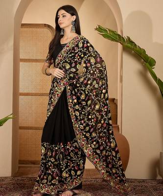 Black georgette heavy embroidered saree with belt kashmiri thread work festive designer saree 3