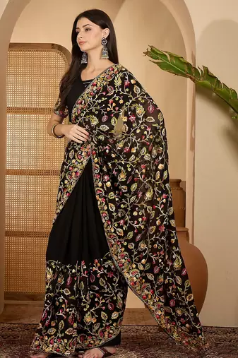 Black georgette heavy embroidered saree with belt kashmiri thread work festive designer saree