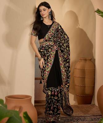 Black georgette heavy embroidered saree with belt kashmiri thread work festive designer saree 4