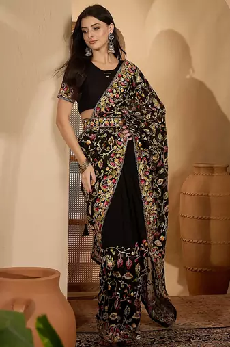 Black georgette heavy embroidered saree with belt kashmiri thread work festive designer saree