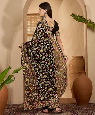 Black georgette heavy embroidered saree with belt kashmiri thread work festive designer saree 5