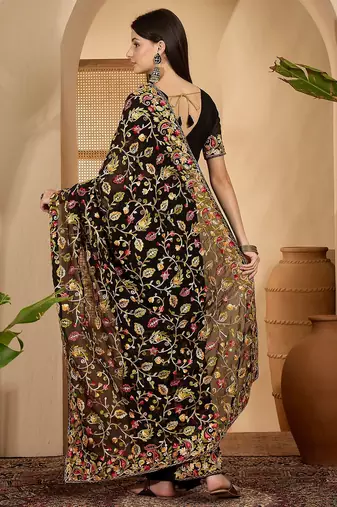 Black georgette heavy embroidered saree with belt kashmiri thread work festive designer saree