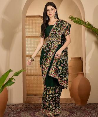 Dark green georgette embroidered saree with belt heavy kashmiri thread work festive saree 1